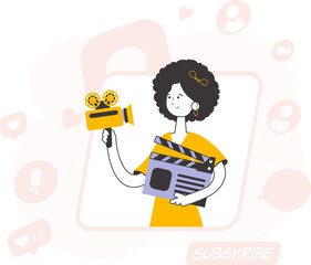 Line art style. Girl blogger. The concept of social networking. Vector illustration.