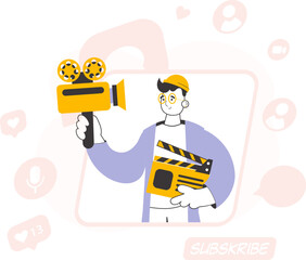 Trendy style line art. Male blogger. Video blogging and podcast concept. Vector illustration.