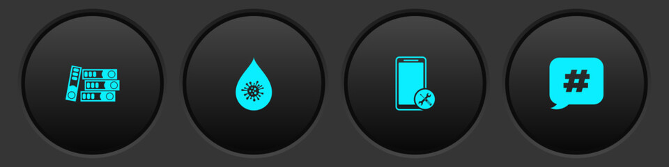 Set Office folders, Dirty water drop, Mobile service and Hashtag speech bubble icon. Vector
