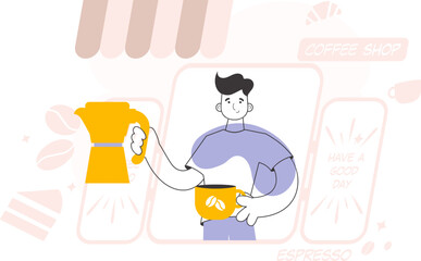 Barista man. Trendy style line art. Vector illustration.