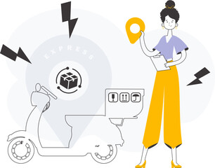 Girl courier. Line art style. Vector illustration.