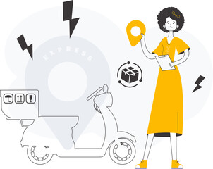 Girl courier. Line art style. Vector.