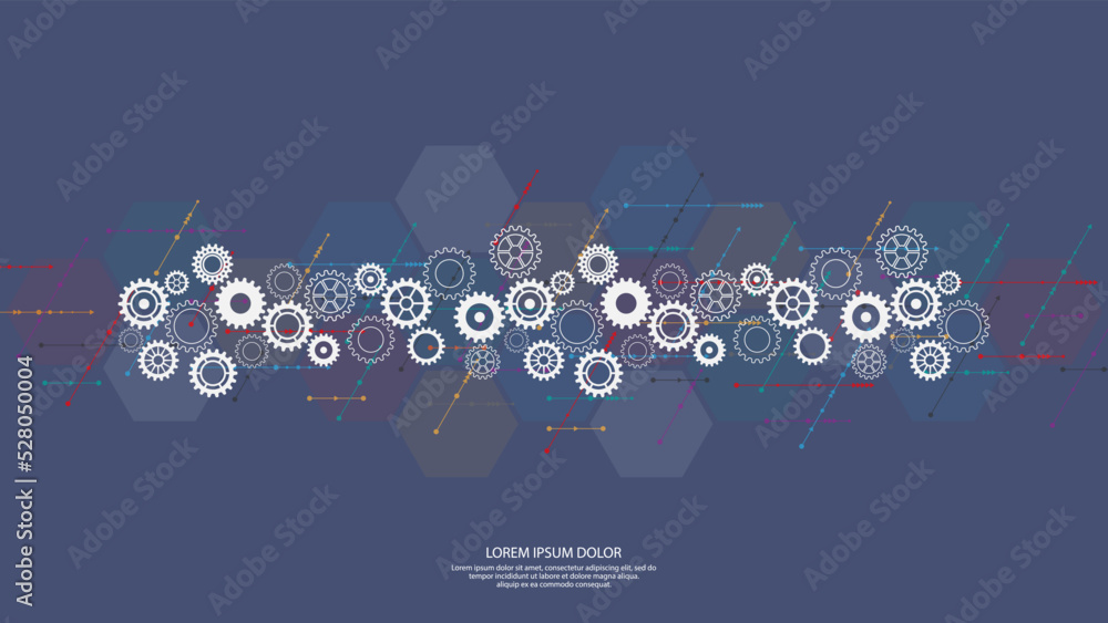 Poster Cogs and gear wheel mechanisms. Concepts and ideas for hi-tech digital technology and engineering design.