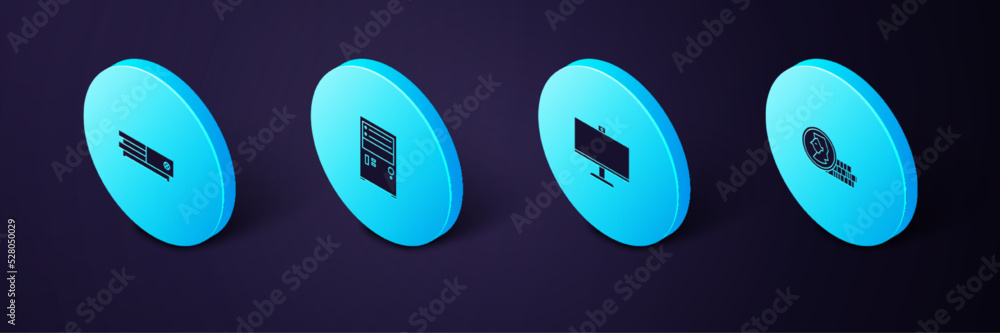 Poster set isometric coin for game, computer monitor, and video console icon. vector