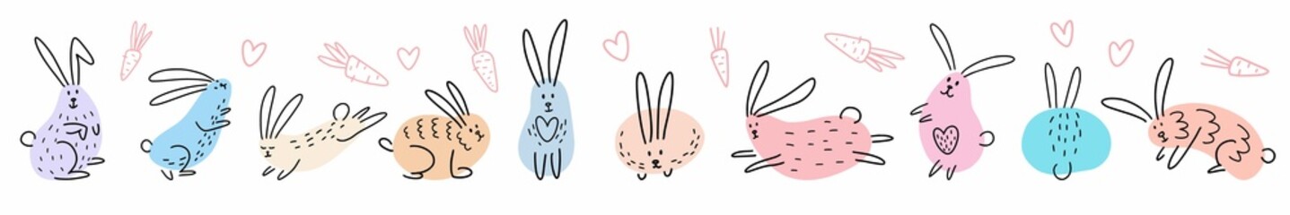 Horizontal illustration of a collection of funny rabbits, hand-drawn in the style of doodles