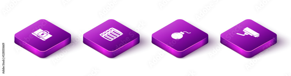 Poster set isometric laptop and lock, server, data, web hosting, bomb ready explode and security camera ico