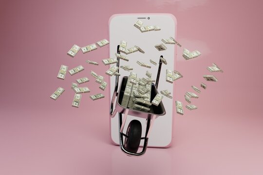 earn money online through smartphone. a wheelbarrow with dollars flying out of it and a telephone. 3d render