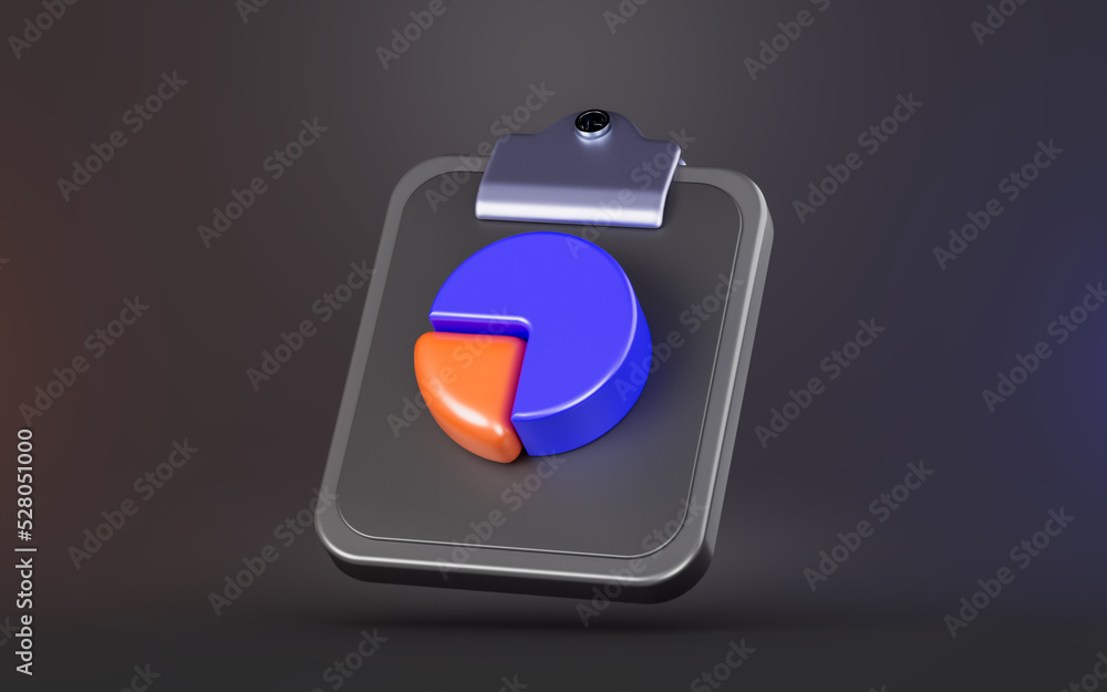 Poster clipboard with pie chart sign on dark background 3d render concept for business data analyze