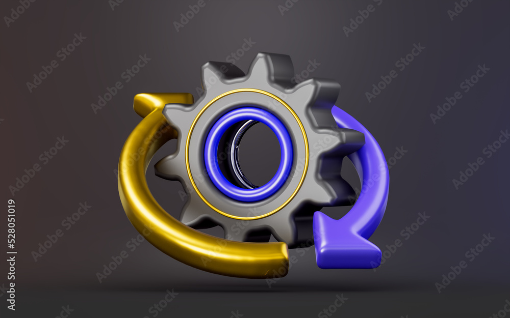 Poster gear with rotation sign on dark background 3d render concept for update system management