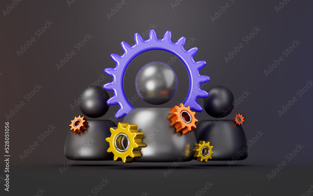 Poster users with setting gear sign on dark background 3d render concept for team management