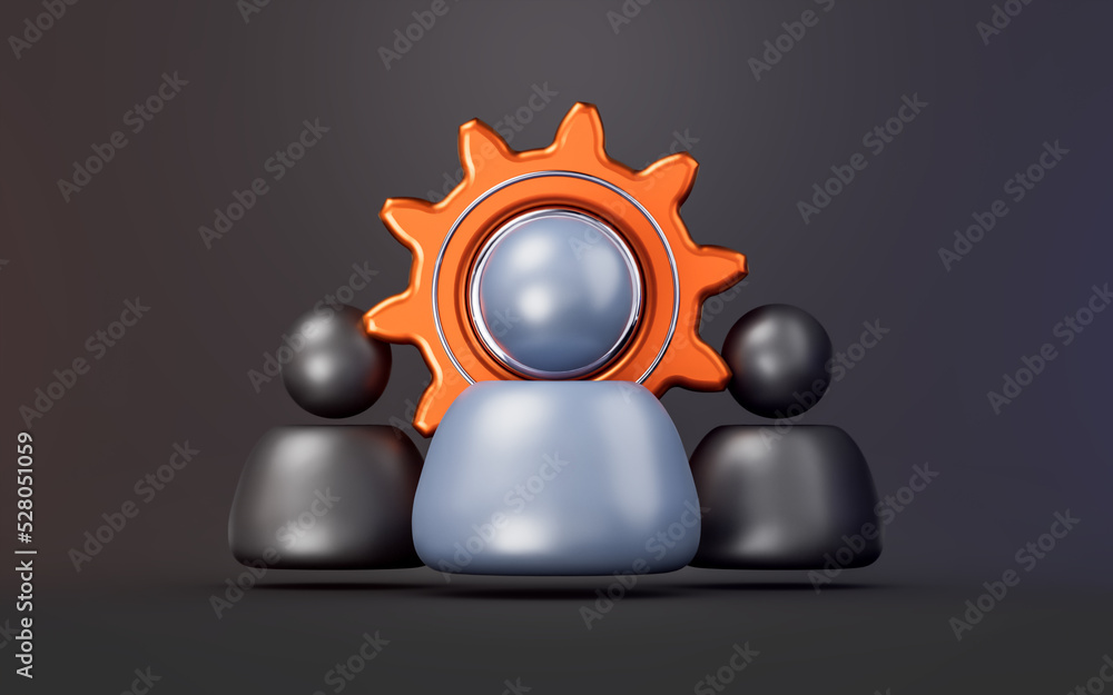 Aufkleber user sign with setting gear on dark background 3d render concept for group project management