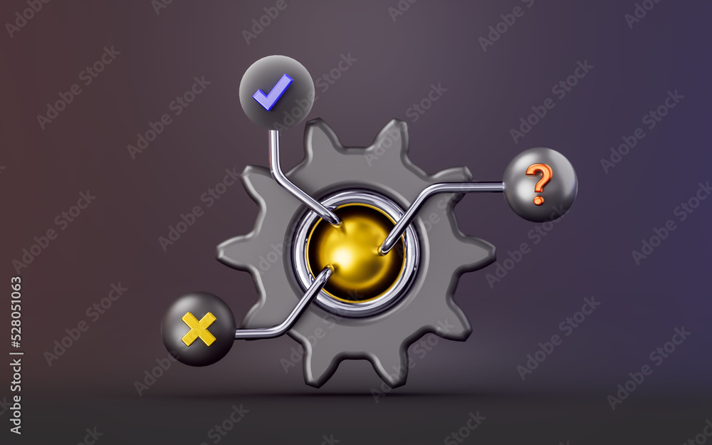 Poster gear sign with check cross question mark 3d render concept for development project roles