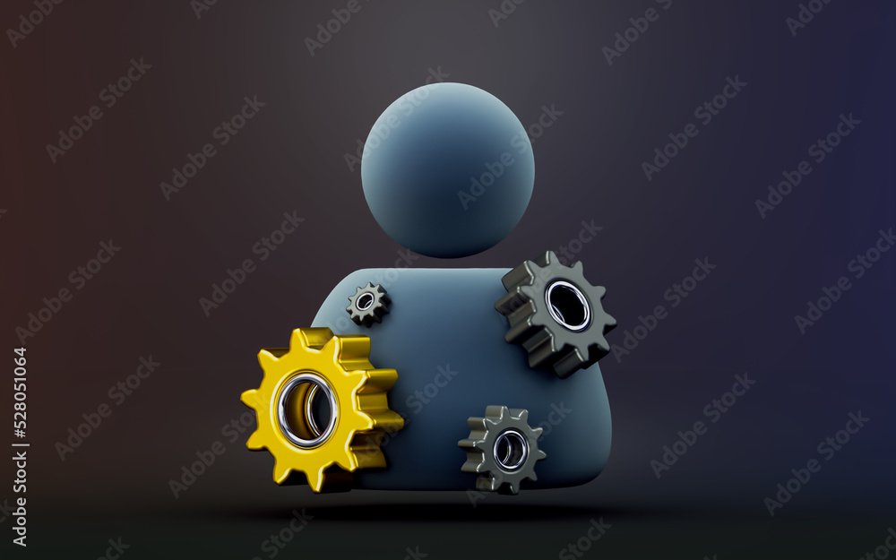 Aufkleber user with gear sign on dark background 3d render concept for project manager