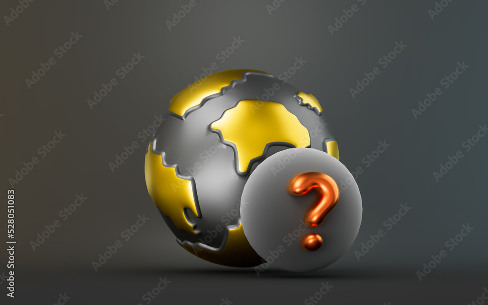 Poster globe with question mark sign on dark background 3d render concept for global place location