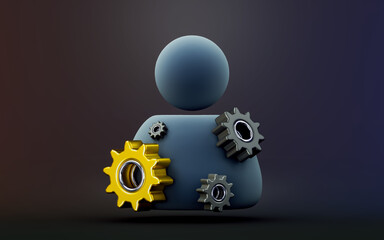 user with gear sign on dark background 3d render concept for project manager