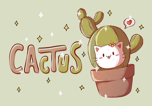 Cute Cat With Cactus Plant Vector Illustration