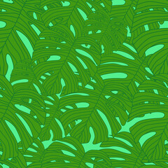 Fototapeta na wymiar Contoured outline monstera silhouettes seamless pattern. Palm leaves endless background. Botanical wallpaper.