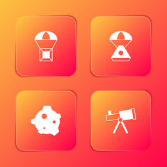 Set Box flying on parachute, Space capsule, Asteroid and Telescope icon. Vector