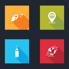 Set Pistol or gun, Location peace, Bullet and Bomb explosive planet earth icon. Vector