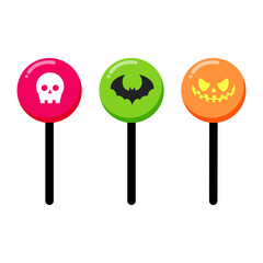 Sweet lollipops with Halloween pattern, twisted hard sugar candies on stick. Vector cartoon set of caramel lollipops