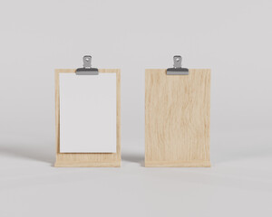 Standing Wood Clipboard mockup, menu board, 3d render, 3d rendering