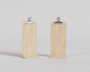 Standing Wood Clipboard mockup, menu board, 3d render, 3d rendering