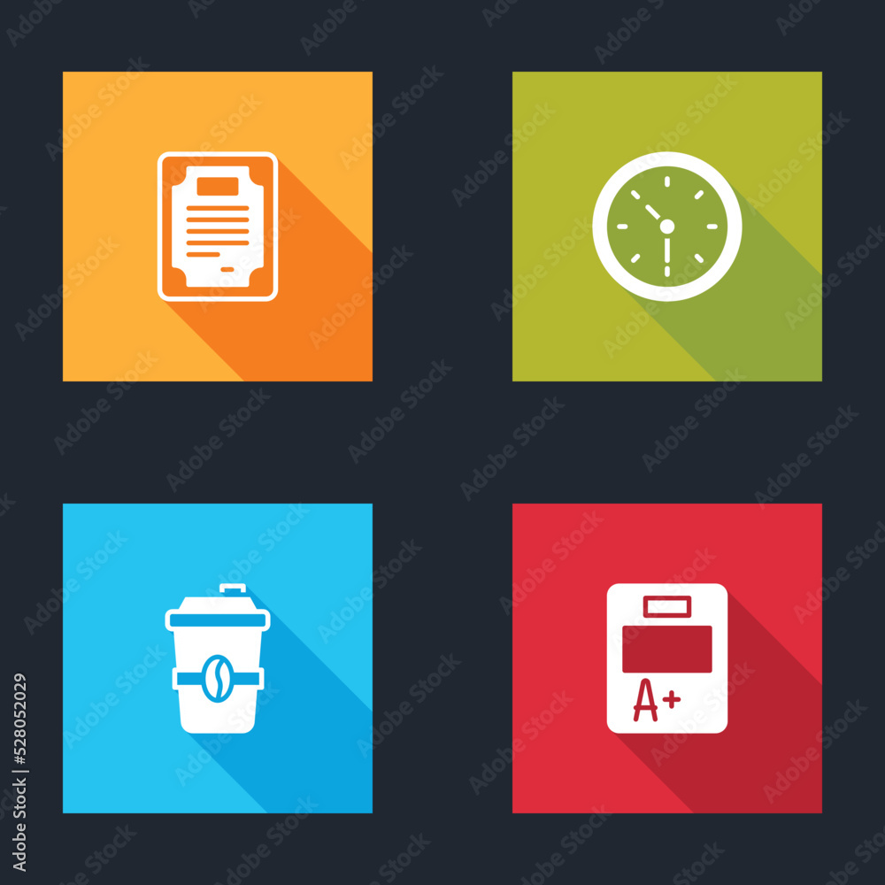 Wall mural set certificate template, clock, coffee cup to go and exam sheet with a plus grade icon. vector