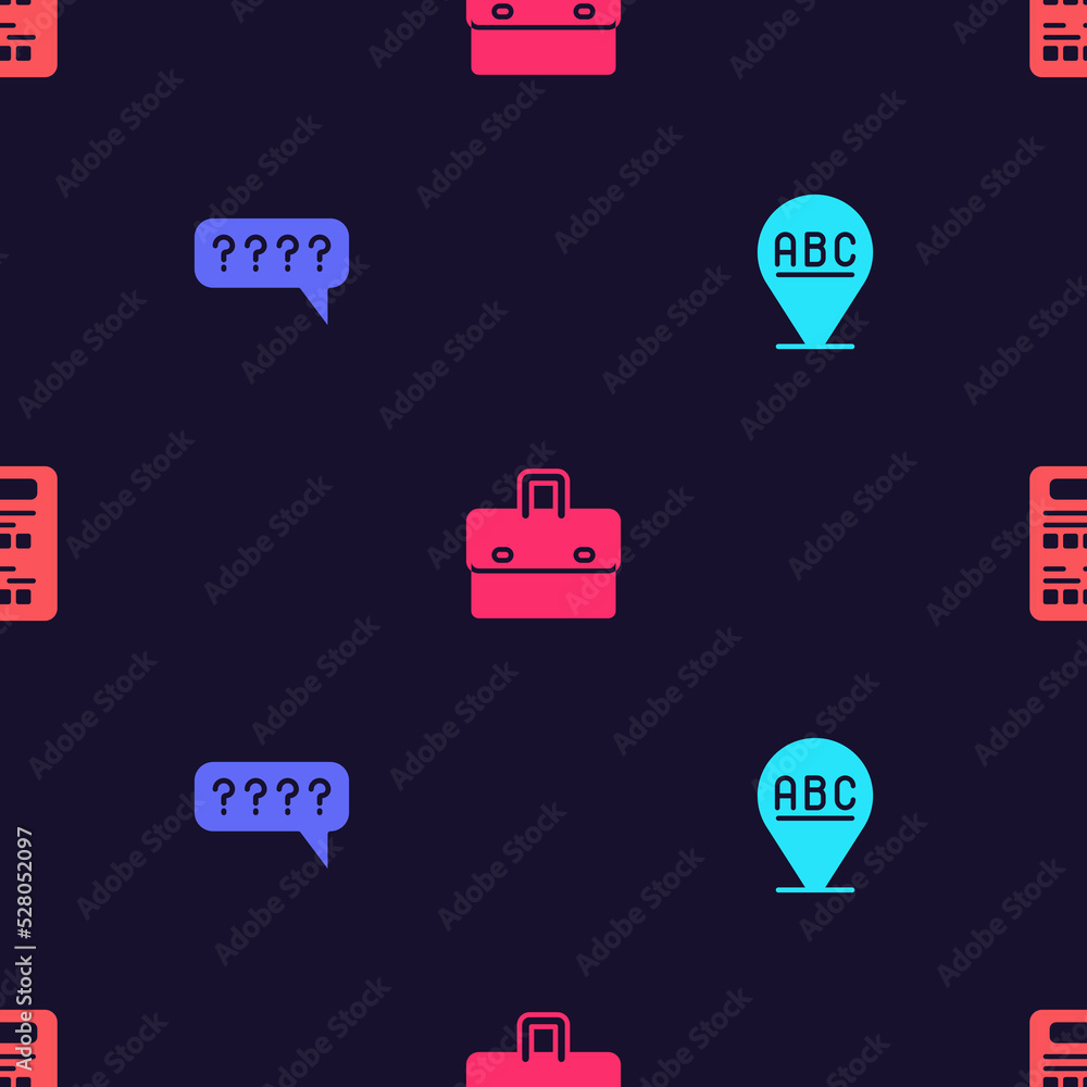 Poster set alphabet, speech bubbles with question, briefcase and exam sheet on seamless pattern. vector