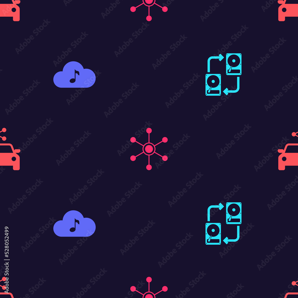 Poster set data exchange with hhd, music streaming service, network and car sharing on seamless pattern. ve