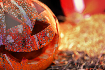 Halloween pumpkin. Scary halloween pumpkin indoor. Helloween concept