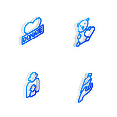 Set Isometric line Donate child toys, Donation and charity, Taking care of children and water icon. Vector