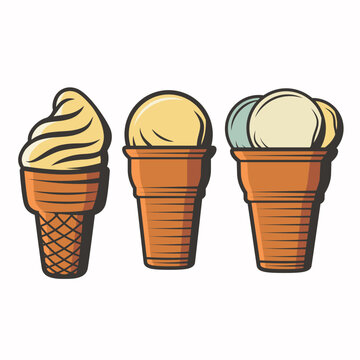 Vector Ice Cream Set, Banner With Lot Collection Of Cut Out Different Illustrations Of Group American Scoop Ball Ice Creams In Waffle Cone And Vanilla Soft Serve Icecreams In A Row On White Background