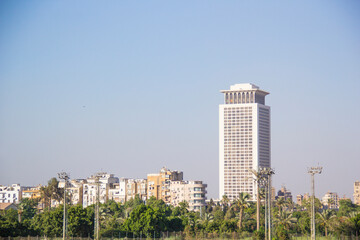 Fototapeta na wymiar Beautiful view of the buildings on the waterfront of Zamalek Island in Cairo, Egypt