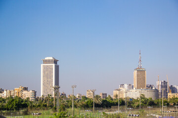 Beautiful view of the buildings on the waterfront of Zamalek Island in Cairo, Egypt