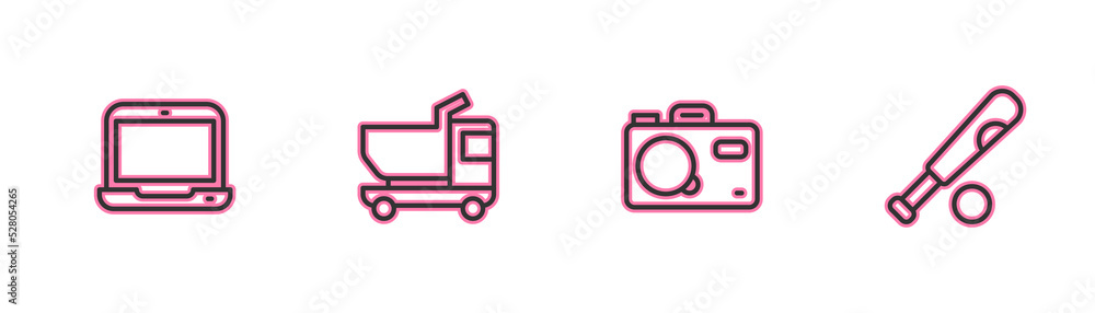 Sticker set line laptop, photo camera, toy truck and baseball bat with ball icon. vector