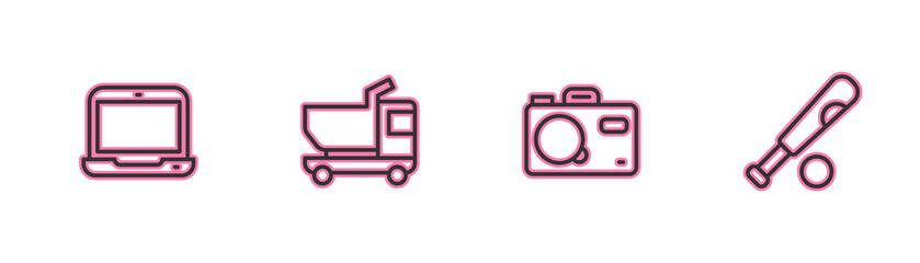 Set line Laptop, Photo camera, Toy truck and Baseball bat with ball icon. Vector