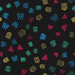 Set line Pack of beer bottles, Signboard with glass, Farm House and Massive steel chandelier on seamless pattern. Vector