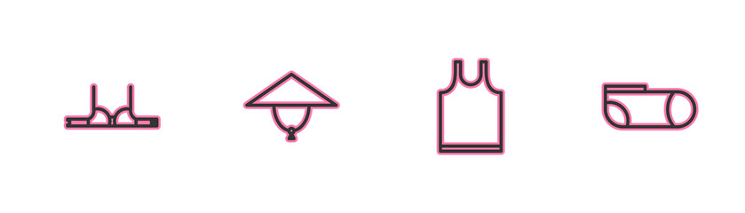 Set line Bra, Sleeveless T-shirt, Asian conical hat and Sport socks icon. Vector