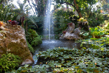 Ischia forio la mortella garden with fountain - obrazy, fototapety, plakaty