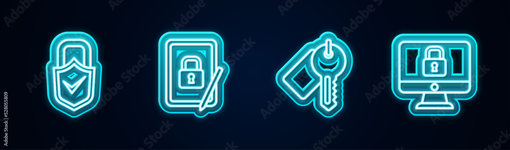 Aufkleber set line lock and check mark, tablet with closed padlock, marked key and on computer monitor. glowin
