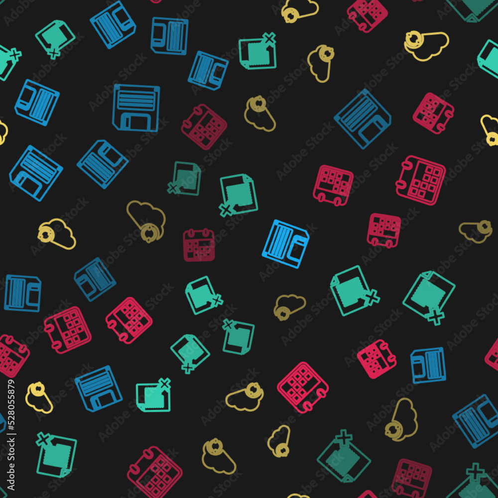 Poster set line floppy disk, delete file document, cloud sync refresh and calendar on seamless pattern. vec