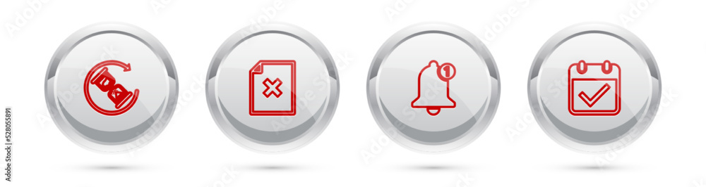 Poster set line waiting, delete file document, bell and calendar with check mark. silver circle button. vec