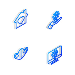 Set Isometric line Hand with virus, House heart inside, Medical protective mask and Virus statistics on monitor icon. Vector