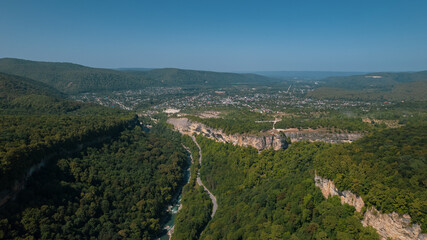 Aerial mountain landscape and river natural scenery in Russia, Adygea, Guzeripl, Plateau Lago-Naki.