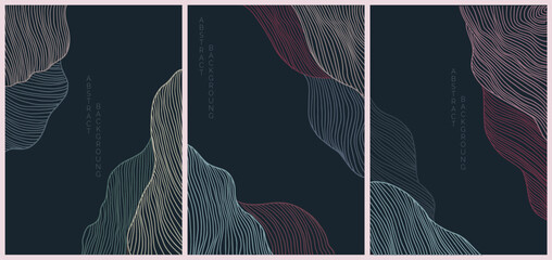 vector abstract japanese style landscapes lined waves in black background and colored lines	