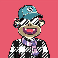 Monkey Art Punk  with different emotion character. Unique property used like  abstract pattern clothe, hair punk,  Glasses, Hat colour, and bandana and pastel colour background