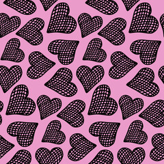 Simple seamless pattern in the form of hearts. Valentine's Day background. Flat design with endless chaotic texture made of silhouettes of tiny hearts.