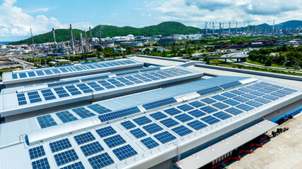 Top view Solar Cell on Warehouse Factory. Solor photo voltaic panels system power or Solar Cell on...