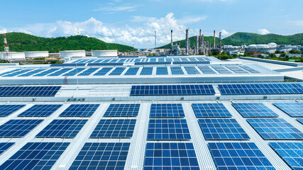 Top view Solar Cell on Warehouse Factory. Solor photo voltaic panels system power or Solar Cell on...