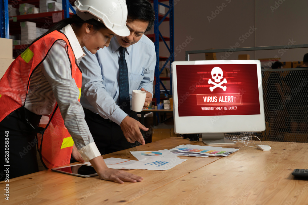 Poster virus warning alert on computer screen detected modish cyber threat , hacker, computer virus and mal